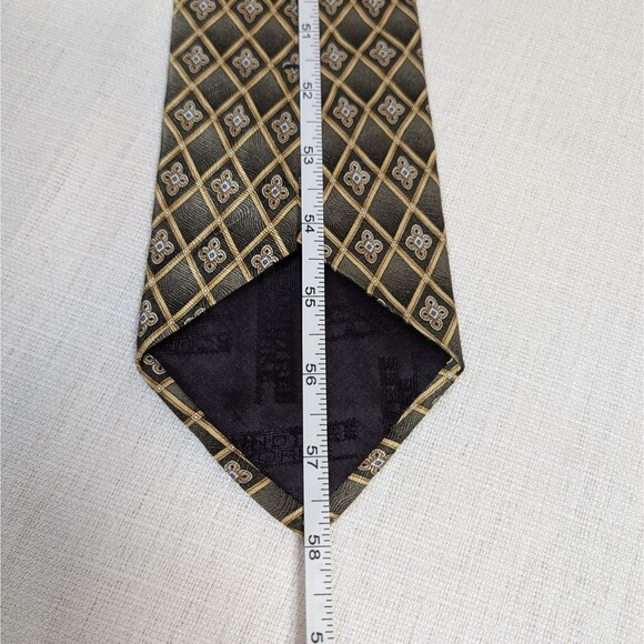 Roundtree & Yorke 100% Silk Green Gold Geometric Floral Necktie Handmade In USA - Picture 5 of 8